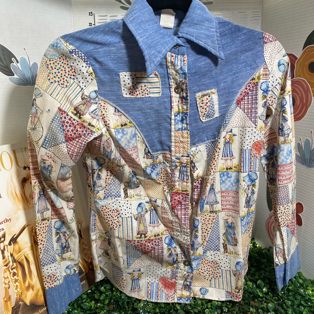 Vintage Patchwork Print Button-Down Shirt In Blue… - image 1